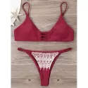Lace Overlay Spaghetti Strap Lattice Cut Bikini - Wine Red