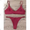 Lace Overlay Spaghetti Strap Lattice Cut Bikini - Wine Red