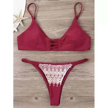 Lace Overlay Spaghetti Strap Lattice Cut Bikini - Wine Red