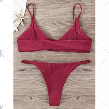 Lace Overlay Spaghetti Strap Lattice Cut Bikini - Wine Red