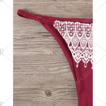 Lace Overlay Spaghetti Strap Lattice Cut Bikini - Wine Red