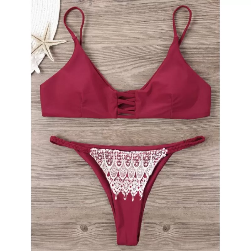 Lace Overlay Spaghetti Strap Lattice Cut Bikini - Wine Red