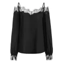 Lace Panel Cold houlder Long leeves Blouse - Black