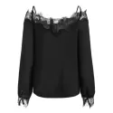 Lace Panel Cold houlder Long leeves Blouse - Black