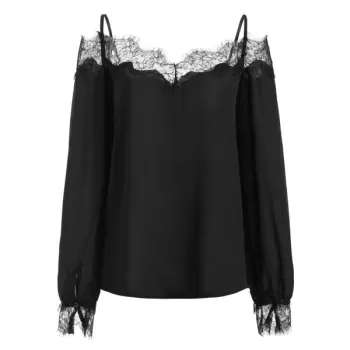 Lace Panel Cold houlder Long leeves Blouse - Black
