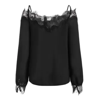 Lace Panel Cold houlder Long leeves Blouse - Black