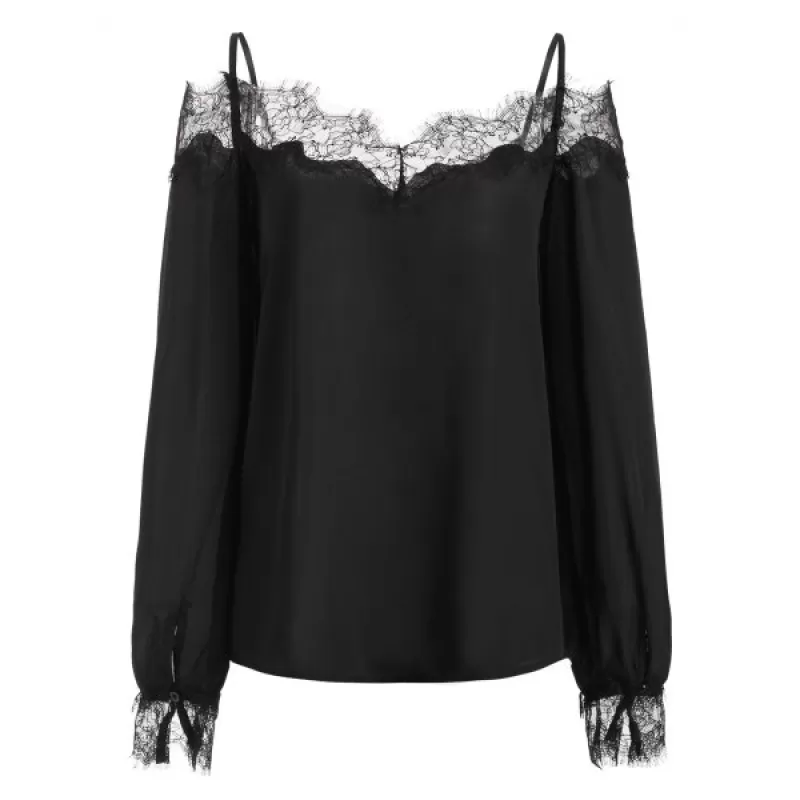Lace Panel Cold houlder Long leeves Blouse - Black