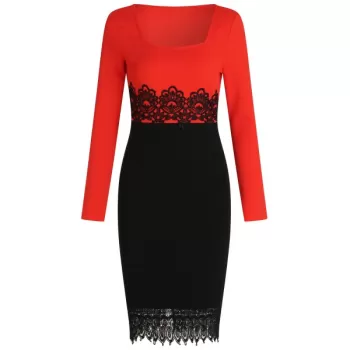 Lace Panel Color Block Bodycon Dress -