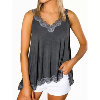 Lace Panel Cutout Casual Tank Top - Cloudy Gray