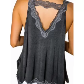 Lace Panel Cutout Casual Tank Top - Cloudy Gray