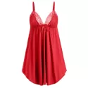 Lace Panel Empire Waist Babydoll Set - Lava Red