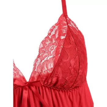 Lace Panel Empire Waist Babydoll Set - Lava Red