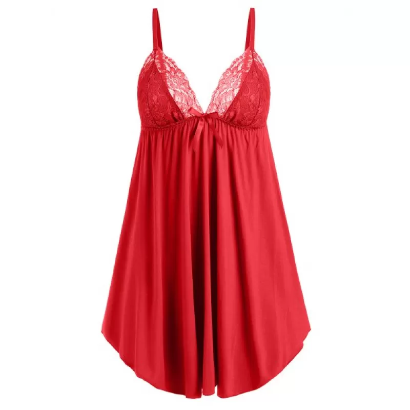 Lace Panel Empire Waist Babydoll Set - Lava Red