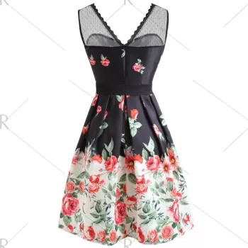 Lace Panel Floral Fit and Flare Dress -