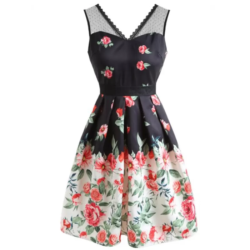 Lace Panel Floral Fit and Flare Dress -