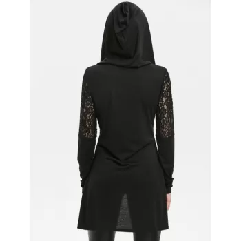 Lace Panel Hooded Longline T-shirt - Black