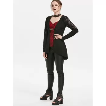 Lace Panel Hooded Longline T-shirt - Black