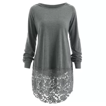 Lace Panel Hooded T-shirt - Gray