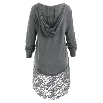 Lace Panel Hooded T-shirt - Gray