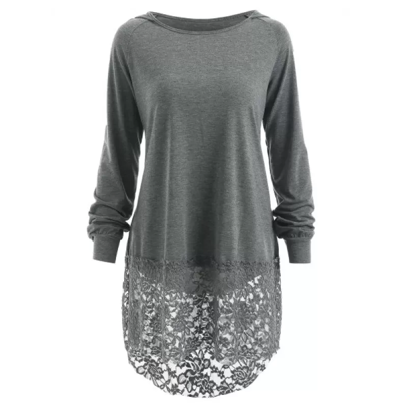 Lace Panel Hooded T-shirt - Gray