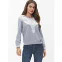 Lace Panel Long Sleeve Sweatshirt - Light Gray