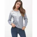 Lace Panel Long Sleeve Sweatshirt - Light Gray