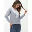 Lace Panel Long Sleeve Sweatshirt - Light Gray