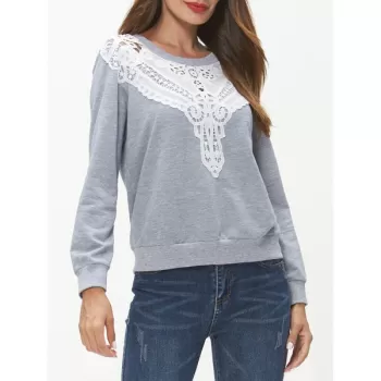 Lace Panel Long Sleeve Sweatshirt - Light Gray