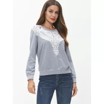 Lace Panel Long Sleeve Sweatshirt - Light Gray