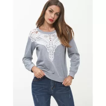 Lace Panel Long Sleeve Sweatshirt - Light Gray