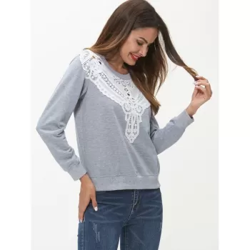 Lace Panel Long Sleeve Sweatshirt - Light Gray
