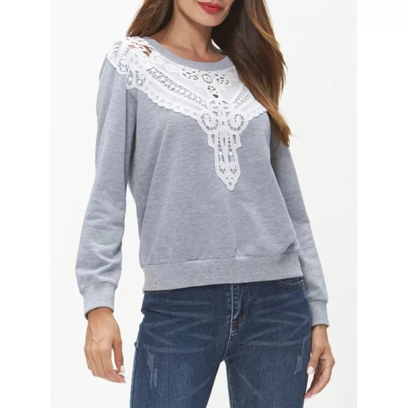 Lace Panel Long Sleeve Sweatshirt - Light Gray
