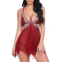 Lace Panel esh Handkerchief Babydoll with G-string - Red Wine