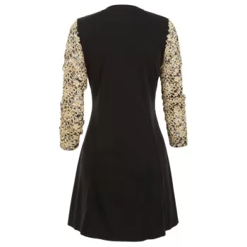 Lace Panel Round Collar A Line Dress - Black