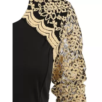 Lace Panel Round Collar A Line Dress - Black