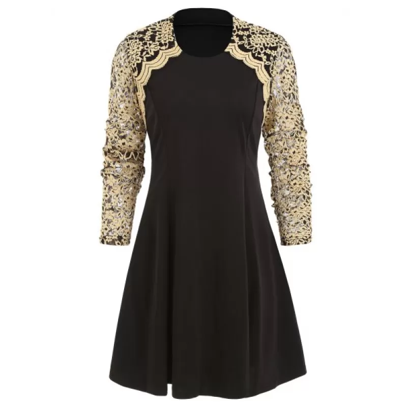 Lace Panel Round Collar A Line Dress - Black
