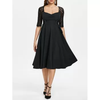 Lace Panel Ruched Bust Little Black Dress - Black