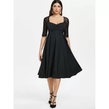 Lace Panel Ruched Bust Little Black Dress - Black