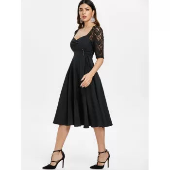 Lace Panel Ruched Bust Little Black Dress - Black