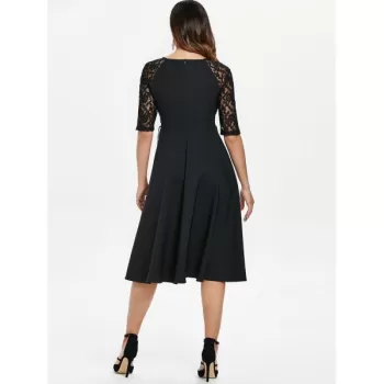 Lace Panel Ruched Bust Little Black Dress - Black