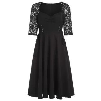 Lace Panel Ruched Bust Little Black Dress - Black