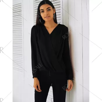 Lace Patchwork urplice Blouse - Black