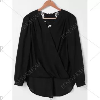 Lace Patchwork urplice Blouse - Black