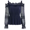 Lace leeve Elastic Waist Blouse - Midnight Blue