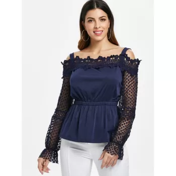 Lace leeve Elastic Waist Blouse - Midnight Blue