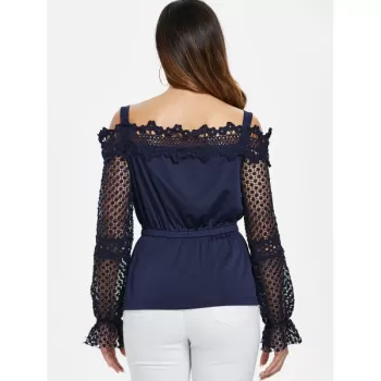 Lace leeve Elastic Waist Blouse - Midnight Blue