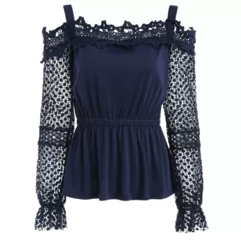 Lace leeve Elastic Waist Blouse - Midnight Blue
