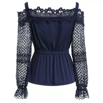 Lace leeve Elastic Waist Blouse - Midnight Blue