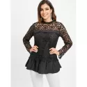 Lace Spliced Long Blouse - Black