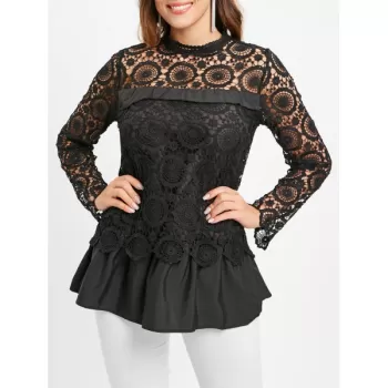 Lace Spliced Long Blouse - Black
